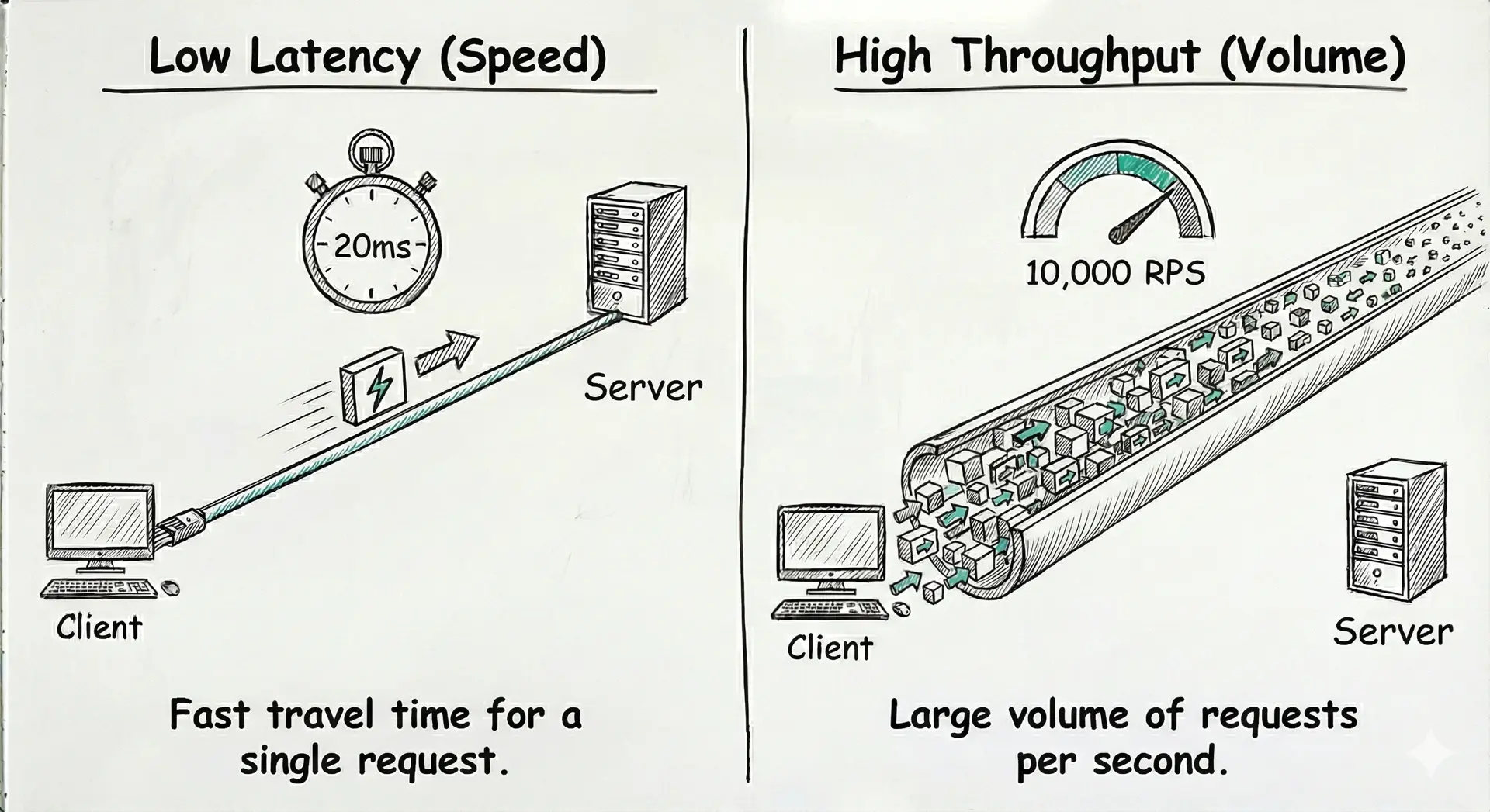 Diagram comparing Latency (Speed) and Throughput (Volume)