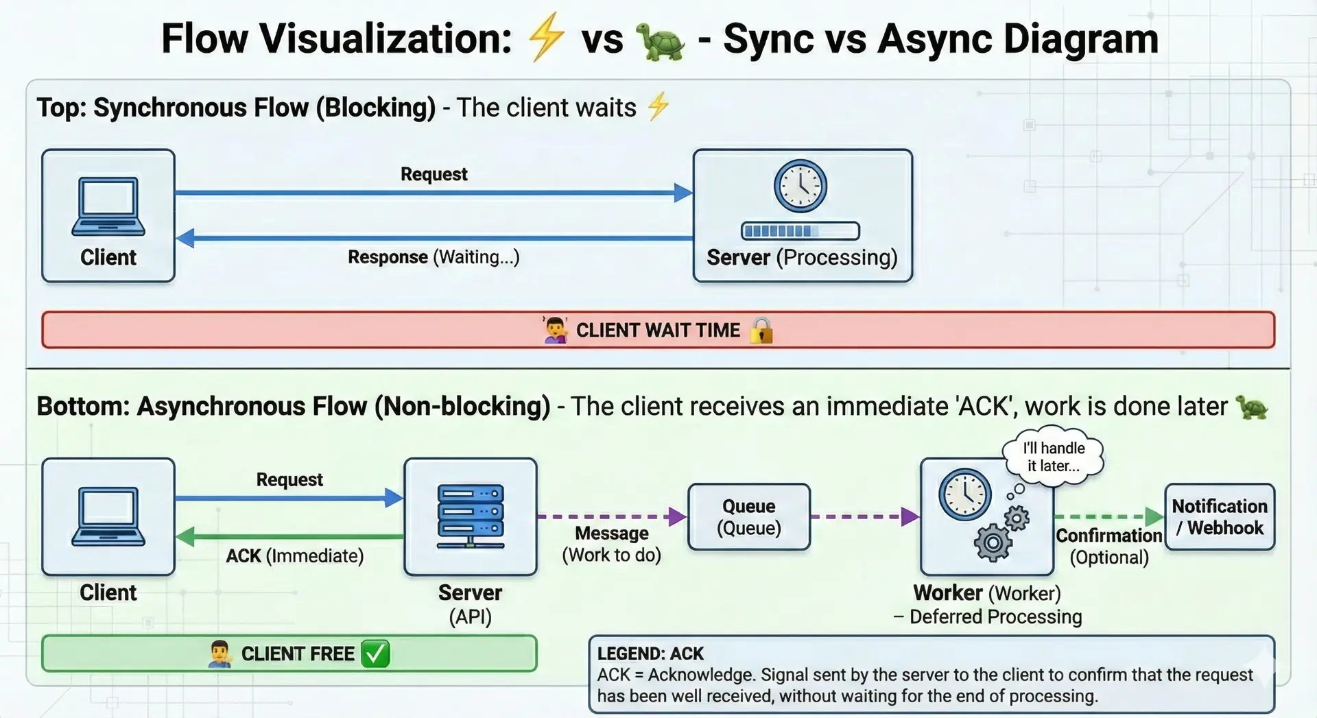 Diagram comparing Synchronous and Asynchronous flows